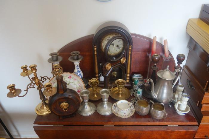 COLLECTIONS OF CLOCKS, PEWTER, STERLING SILVER