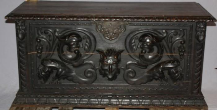 19th century Italian trunk with mythological relief carving 