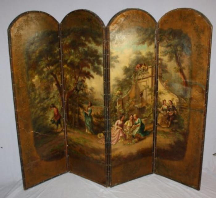 Hand painted leather folding screen