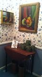 OIL ON CANVAS PAINTINGS, ANTIQUE DROP LEAF TABLE, STONEWARE PITCHER AND MUGS