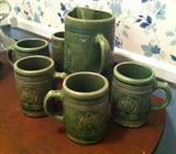 STONEWARE PITCHER AND MUGS