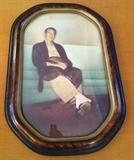 ANTIQUE TIGER WOOD FRAME WITH CONVEX GLASS HAND COLORED PHOTO