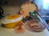 PYREX, FRANCISCAN DESERT ROSE, TURQ. HAND MIXER, PINK DEPRESSION GLASS