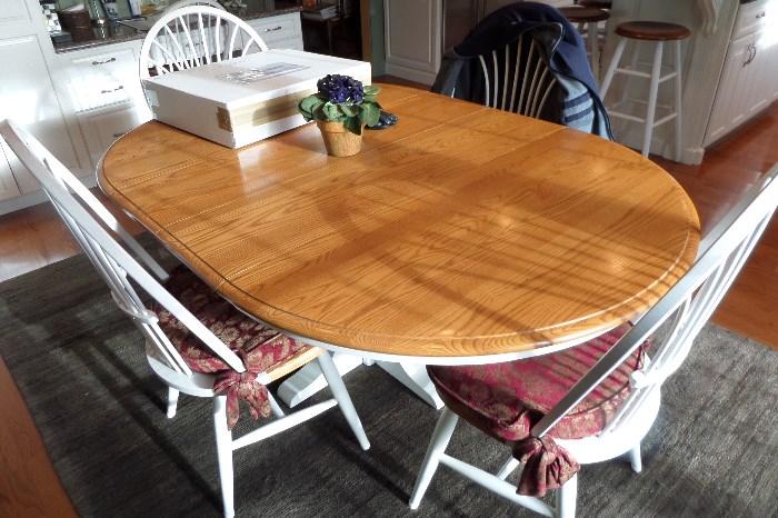 S. BENT BROS. FARM TABLE , 2 LEAVES, 4 CHAIRS MADE IN GARDNER MA. USA