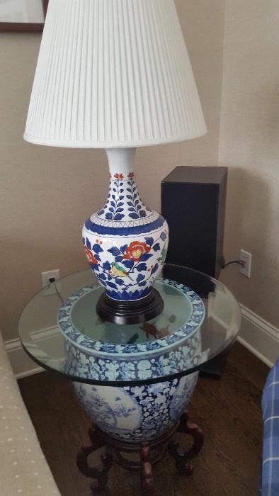 Polychrome lamp, Chinese planter and table
