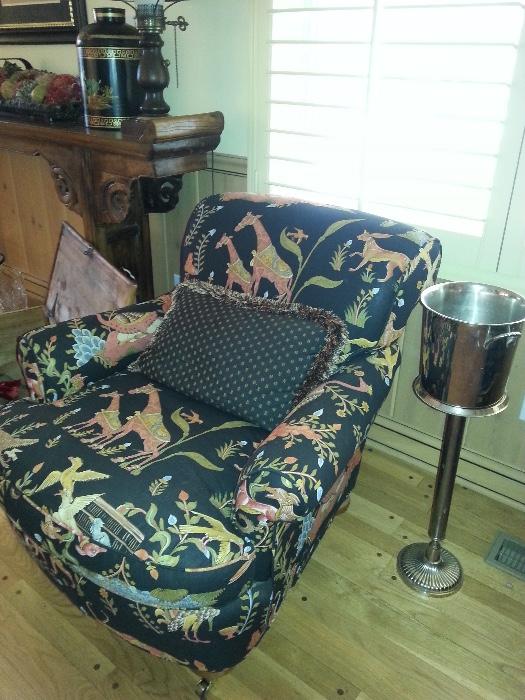 one of 4 upholstered chair, champagne bucket on stand