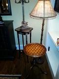 ebonized and silver leaf plant stand, parquetry wine table, aesthetic period style candelabra, bamboo style floor lamp 