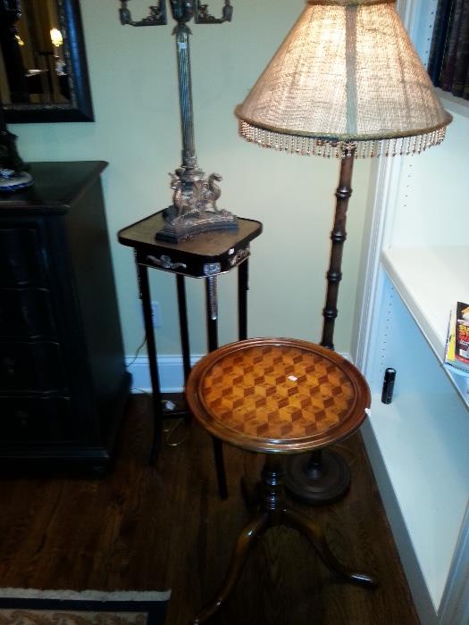 ebonized and silver leaf plant stand, parquetry wine table, aesthetic period style candelabra, bamboo style floor lamp 