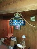 Tiffany-styled 3-way lamp of blue and gold glass.