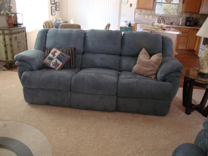 Blue micro fiber sofa with reclining ends