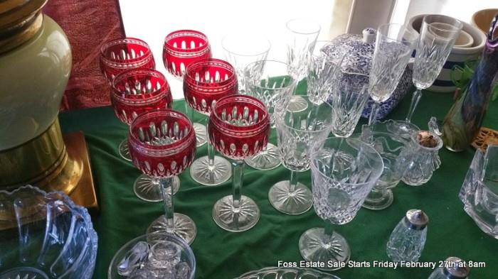 Waterford Crystal Ruby Glass Cut-to-Clear Hocks, Waterford Wine Glasses, Champagne Flutes and Toasting Stems