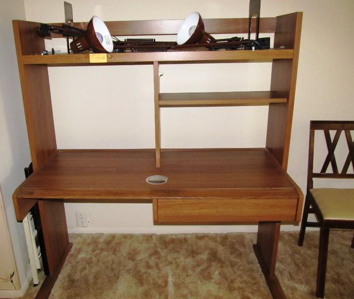 Wood Office Desk with Hutch top shelving, light oak finish, Drawer storage, and open shelf areas for office equipment / accessories; Side Chair shown is also available.