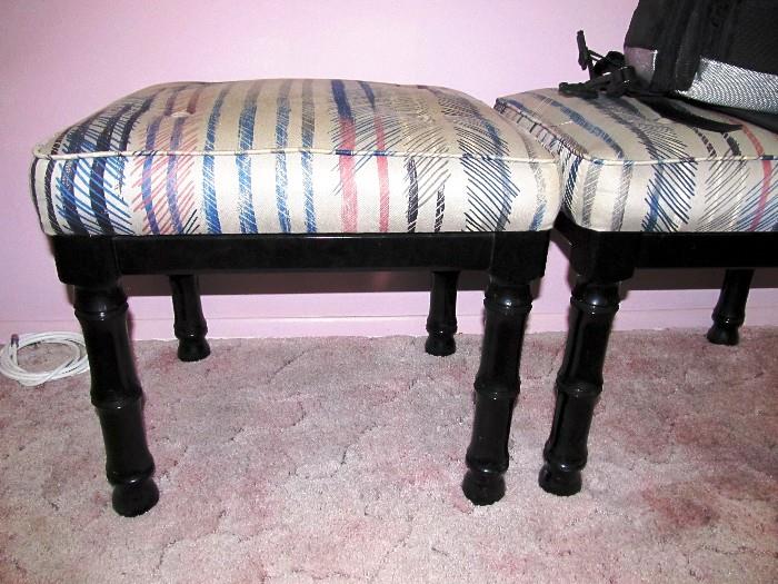 Pair of Vintage Matching Asian Style Benches with Black Lacquered Finish, Bamboo Style legs and frames, and striped upholstered seats.  Benches are part of Vintage Asian Style Living Room Set that includes a sofa, two end tables and these benches.  Other items are shown elsewhere in this collection.