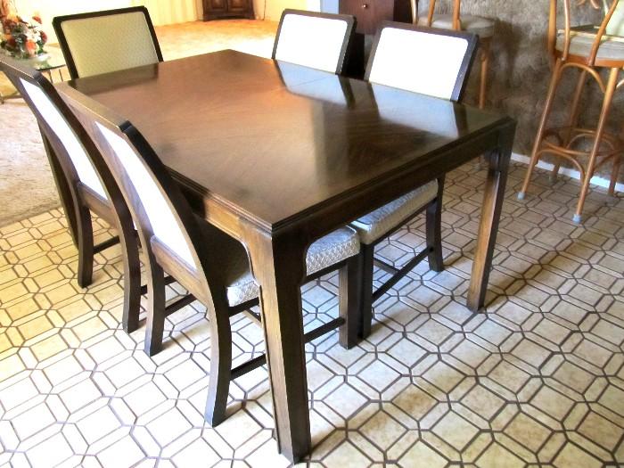 Elegant Parsons Style Dining Set...includes Dining Table with dark finish and two extra leaves... plus table pads, 6 Dining Chairs...2 arm chairs, 4 side chairs, with beige upholstered backs and seats