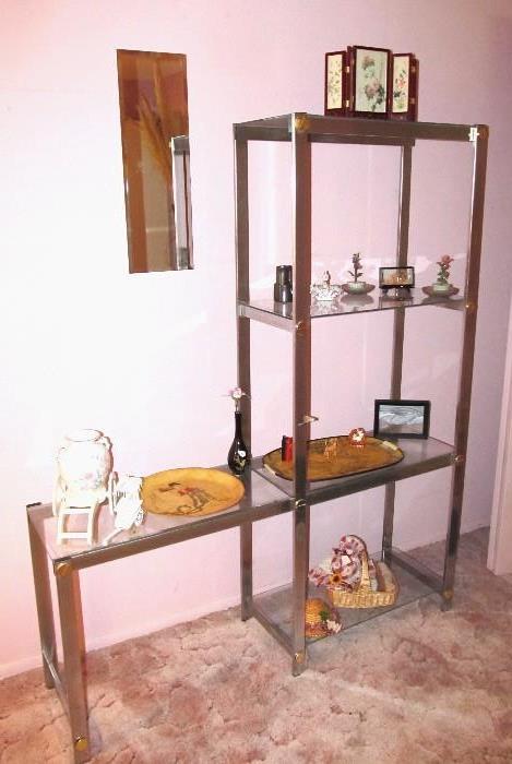 Modern Style Chrome and Glass Etagere with open shelf style  display; Various Asian Style items shown on the shelves are also available
