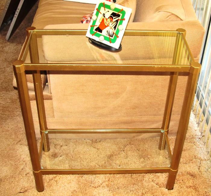 Brass and Glass Sofa Table with brass frame with gold finish,  and with Glass Top and Bottom Shelves;  Small Golf Theme Clock is also available.