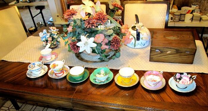 Some of the collection of Collectible Fine China Cups and Saucers that are available in this sale....Royal Albert, Royal Stafford, Aynsley, Foley and many other fine china manufacturers represented.