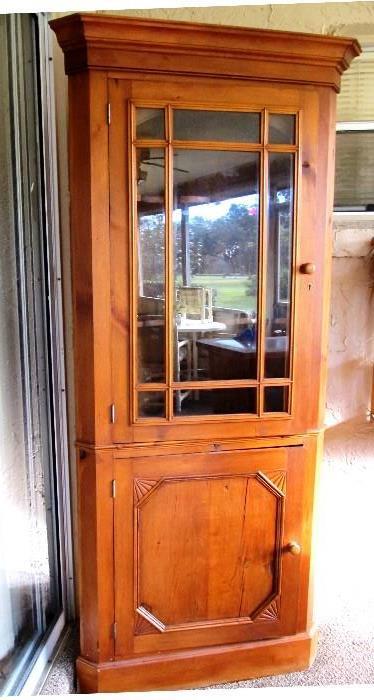 Vintage Colonial Style Corner Cabinet with light finish,  glass and wood door display / storage with key lock and cabinet door storage