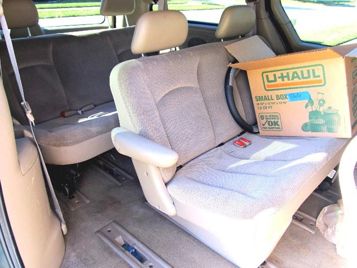 Back Interior View of 2002 Dodge Caravan with V-6 Engine, automatic transmission, cruise control, 3rd row seats, cloth upholstery in good condition,, power windows, power door locks...mileage 129,000.  A/C is presently not working likely needs air compressor replaced.
