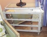 HANDPAINTED SHABBY CHIC AND MIRROR CONSOLE TABLE (PAIR) AND SHOWING DRAPERY BEHIND