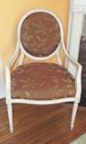 PAINTED FRENCH STYLE OVAL BACK LEAF DESIGN FABRIC ARM CHAIR