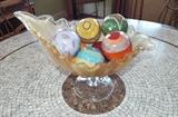 VENETIAN ART GLASS GOLD LEAF ASSYMETRIC BOWL COMPOTE WITH ART GLASS BALLS
