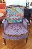 WESLEY HALL PURPLE SILK DAMASK FRENCH WOOD FRAMED ARM CHAIR WITH BULLION SEAMS (2)