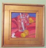 ORIGINAL OIL PAINTING SIGNED "JG" OF "GLASS JAM JAR WITH KNIFE AND FRUIT"
