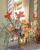 COLORFUL ARTIFICIAL FLOWER ARRANGEMENT IS ENAMELED GLASS VASE