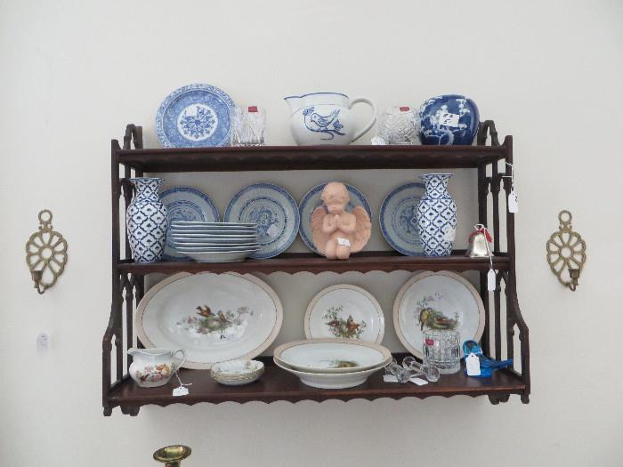 MAHOGANY SHELF WITH BLUE AND WHITE CHINA , THE CHINA ON THE BOTTOM SHELF IS ANTIQUE WITH BIRDS.