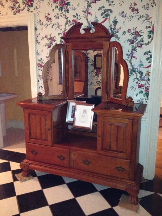 Gorgeous antique and unusual dresser with side mirrors and granite inserts 