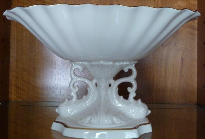 Lenox Porcelain Pedestal Ivory Bowl Dolphin Aquarius Collection 24K Gold Trim