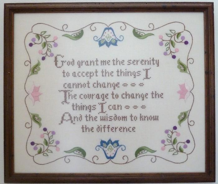 Hand Embroidery Cross Stitch Sampler Serenity Prayer Framed
