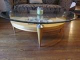 Gorgeous Designer Round Coffee Table with Glass Top and brushed metal accents.  This is a beauty!