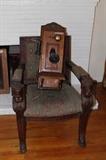 Fancy carved arm chair, Oak wall phone