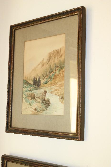 Watercolor by listed artistWatercolor by Denver Colorado artist W.G.Alfred Jones Item#8340 Circa 1880 Size appx: 11" high by 9" wide framed 7" high by 4" wide image only This is an landscape watercolor by W.G. Alfred Jones born in England in 1819 an died in New York in 1900. He was an engraver and painter of landscapes. He had a love of the Rocky Mountains and painted a series he called the Rocky Mountain series. They were sold through an art store located at 404 Barclay Block Denver, Colorado. The painting has a picture of the artist in his elderly years sketching in a field under an umbrella. During his life he was active and exhibited in The American Watercolor Society and The National Academy of Design. He is listed in Davenport's, Falk's Who's Who in American At and Tyler's Painters of the West. It has been on my desk for many years and would fit into any decor. A charming small painting that would make a wonderful gift. The glare on the painting is just flash. It is in excellent 