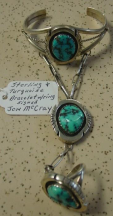 Sterling & Turquoise Bracelet w/Ring - Signed Jon McCray