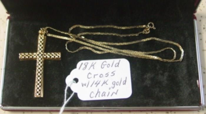 18K Gold Cross w/14K Gold Chain