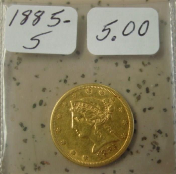 1885 - S Gold $5.00 Coin