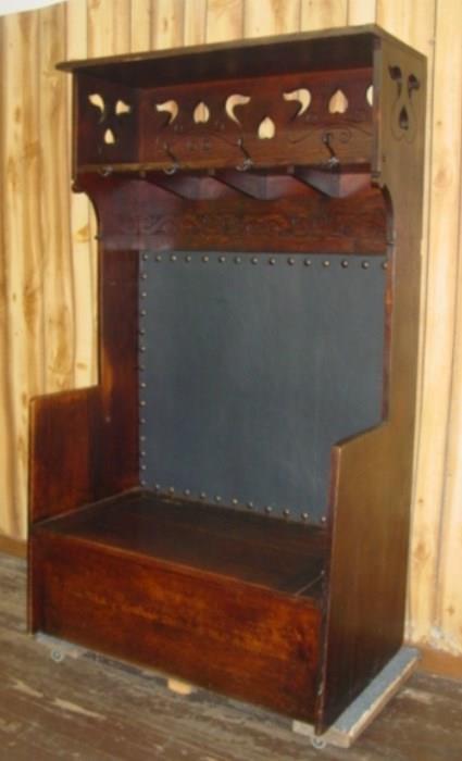 Large Oak Hall Bench w/Coat Hooks & Lift Up Seat