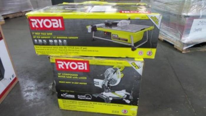 Lot including -
 
Husky 26 in. Wide 4-Drawer Tool Chest, Black
RidGid 4-gal. Wet/Dry Vacuum
Husky 3-Ton Garage Jack Kit
Husky 35 in. Mobile Job Box
Ryobi 14-Amp 10 in. Compound Miter Saw in Green
Ryobi 7 in. Tabletop Tile Saw
Ryobi 10 in. Portable Table Saw with Stand Outside Box
with $933.00 ESTIMATED total retail value. View lot here http://bidonfusion.com/m/lot-details/index/catalog/2296/lot/240895/