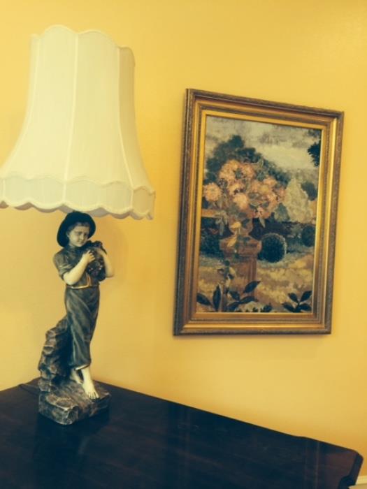 OIL PAINTING AND BOY WTH GRAPES LAMP