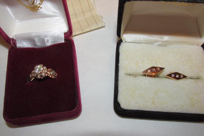 14 kt gold diamond ring and 14 kt. gold Dow earrings