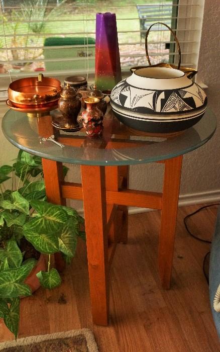 Side table with Native American pottery
