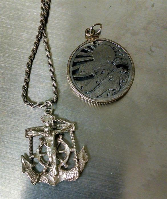 Sterling mariner's crucifix and pewter pendant in sterling holder