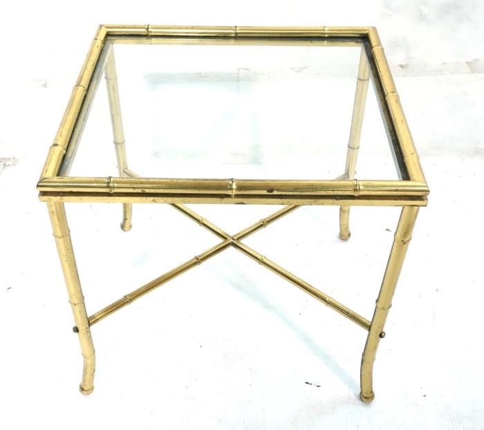 Lot 7:  Italian Brass and Glass Side Table.  Faux Bamboo with x stretcher.: Dimensions:  H: 19 inches: W: 18 inches: D: 16 inches --- 