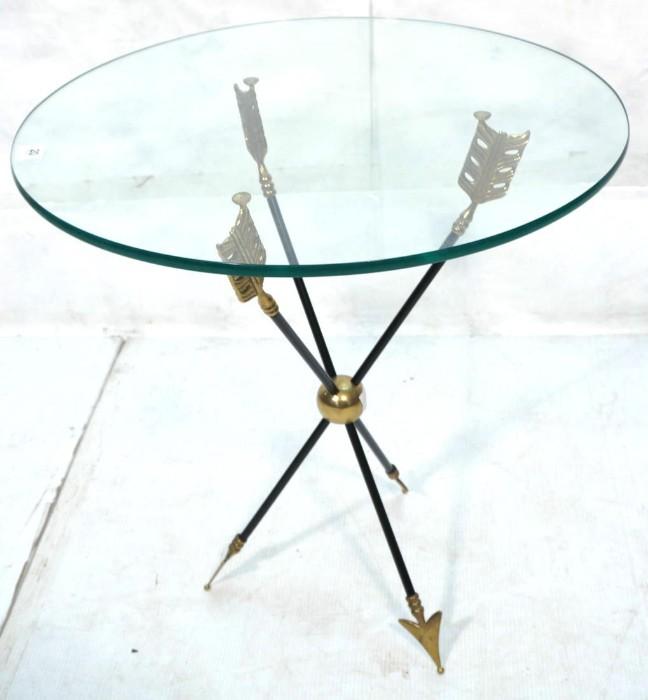 Lot 10:  Regency Style Italian Arrow Base Side Table.  Brass with Black Rods.  Glass Top.: Dimensions:  H: 25 inches: W: 24 inches: D: 24 inches --- 