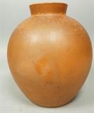 Lot 28:  Large KAHLER Bulbous Ceramic Pottery Vase. Mottled brown glaze with rust/orange spots. Incised mark. Paper label. : Dimensions:  H: 11 inches: W: 10 inches --- US Shipping charge: $35