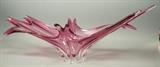 Lot 34:  Large Flared Art Glass Center Bowl. Clear & Pink Cased Glass. Not signed. Similar to Vannes. : Dimensions:  H: 11 inches: W: 29 inches: D: 13.5 inches --- US Shipping charge: $50