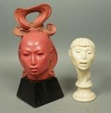Lot 40:  2pc FRED PRESS Portrait Busts.  1). Bust of Woman. Cream enamel painted bust. "Venus #143" from Mythical Series.  2). "Indonesia Girl #137" from Tribal Series. Pink enamel painted bust on black wood base. Both marked and copyright on base.  : Dimensions:  H: 13.25 inches: W: 6 inches: D: 6 inches --- US Shipping charge: $35